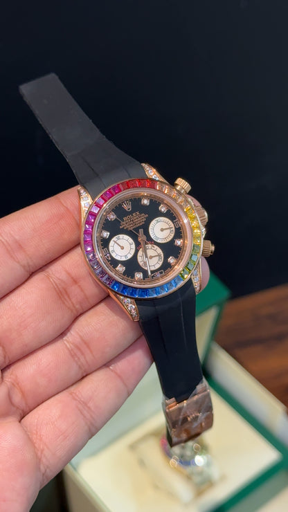 Daytona Rose | Rainbow Diamond Case | Black Pvc Strap | Diamond Digit | Chrono | Black Dial