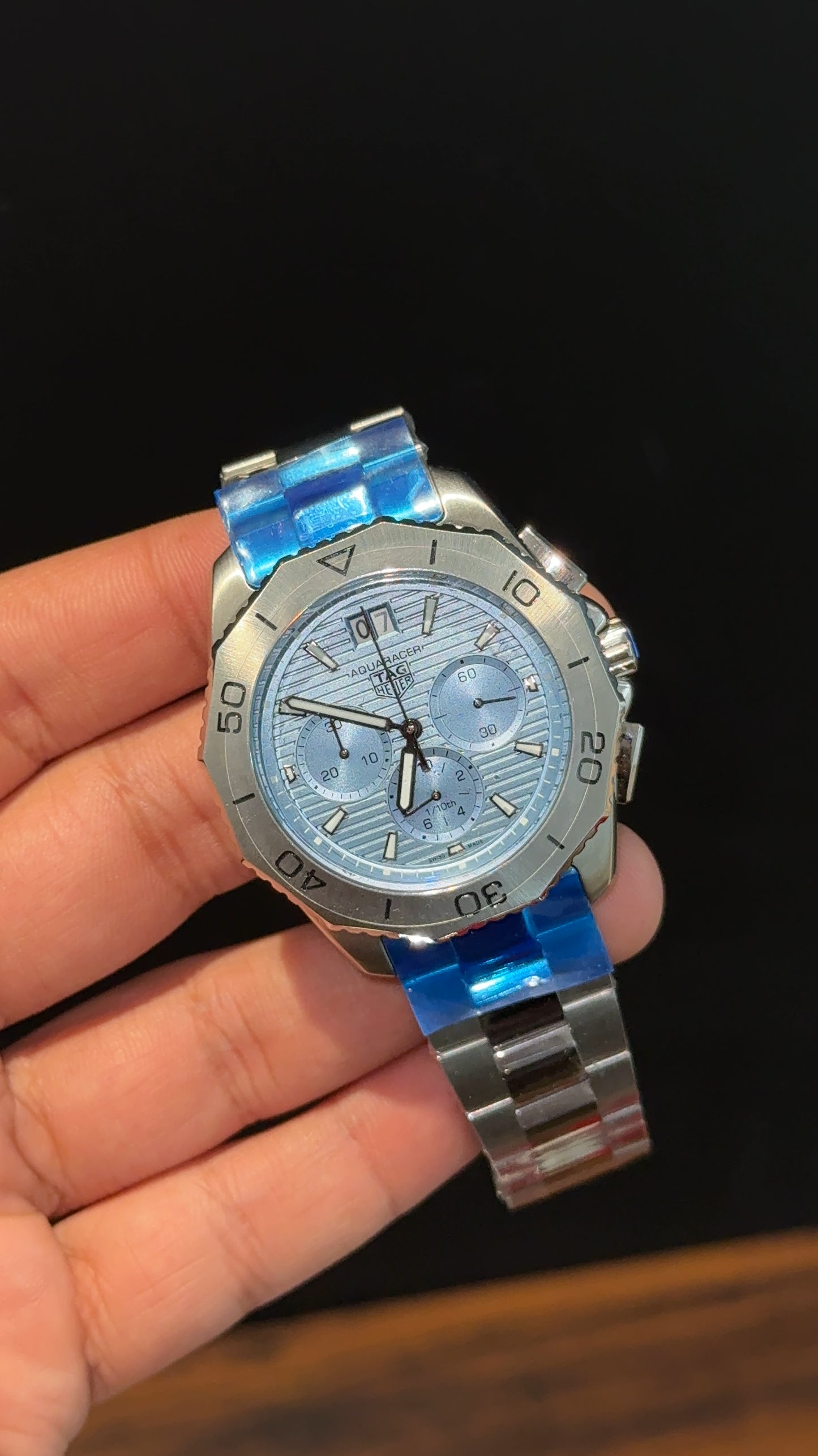 Tag Aquaracers | Silver Chain | Plain Bezel | Chrono | Ice Blue Dial
