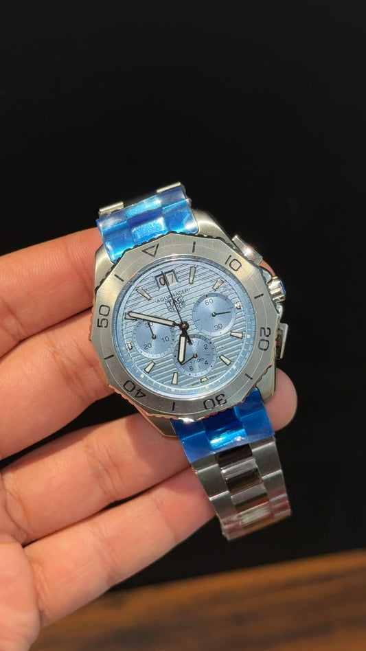 Tag Aquaracers | Silver Chain | Plain Bezel | Chrono | Ice Blue Dial