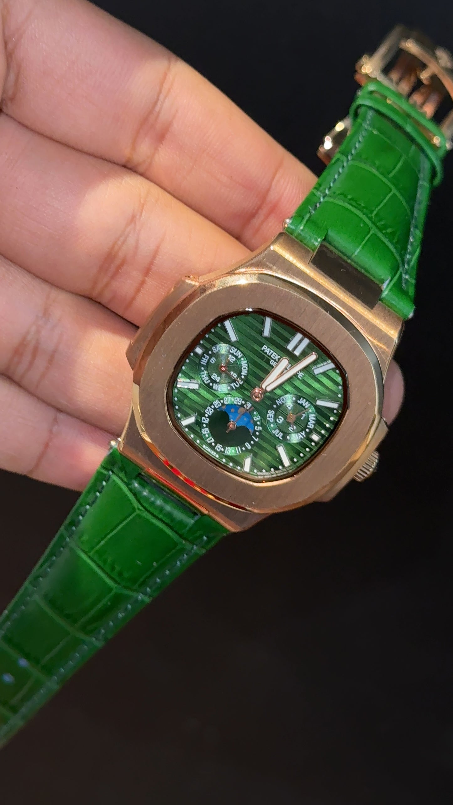 Pp Auto | Moonphase | Chrono | Rose Case | Green Leather Strap | Green Dial