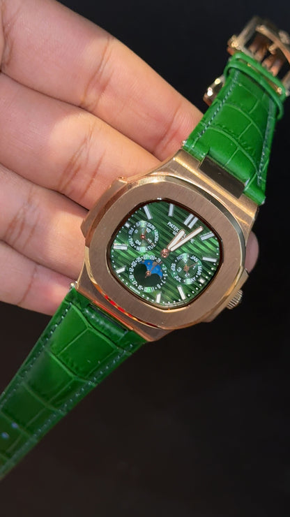 Pp Auto | Moonphase | Chrono | Rose Case | Green Leather Strap | Green Dial