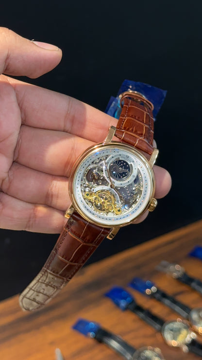 Patek Rose | Moonphase | Pendulum | Brown Leather Strap | Grey Yellow Machine | White Dial