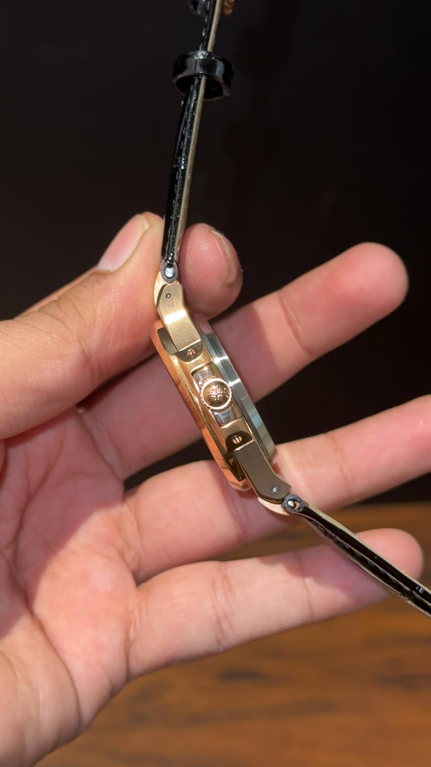 Pp Rose | Auto | Blue Diamond Bezel | Black Leather Strap | Black Dial | Blue Digits