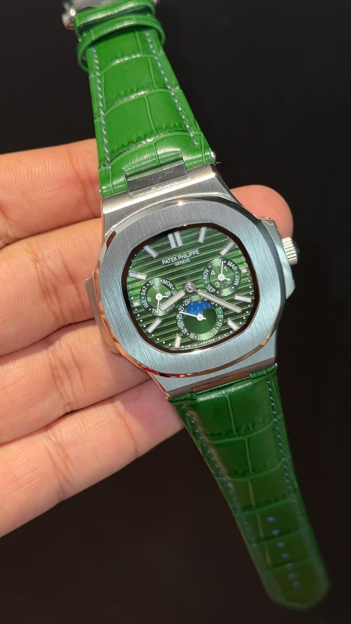 Pp Auto | Moonphase | Chrono | Silver Case | Green Leather Strap | Green Dial