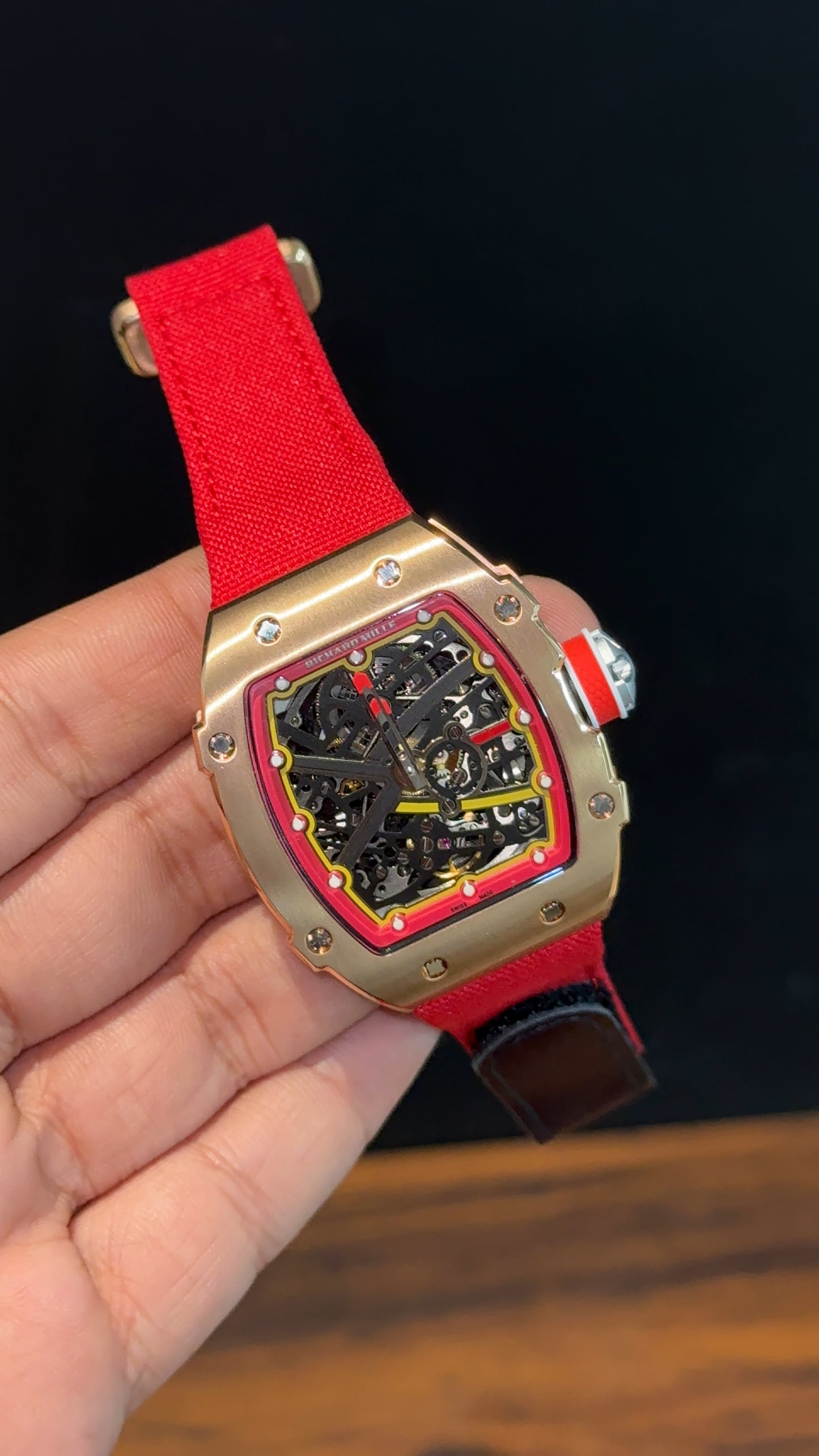 Premium Richard Mille | Rose | RM 67-02 Edition | Red Strap | Skeleton | Black Dial