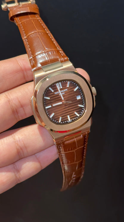 Pp Auto | Rose Bezel | Choco Dial | Brown Leather Strap