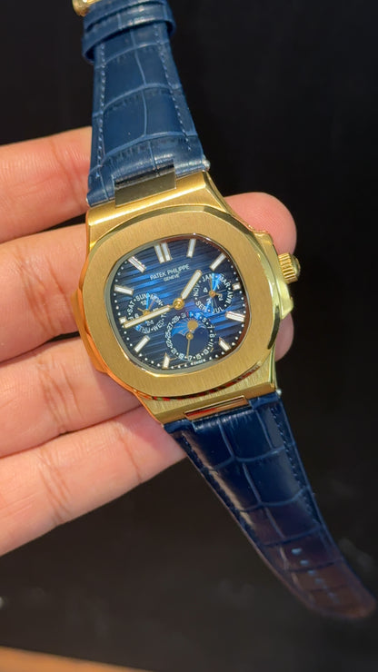 Pp Auto | Moonphase | Chrono | Gold Case | Blue Leather Strap | Blue Dial