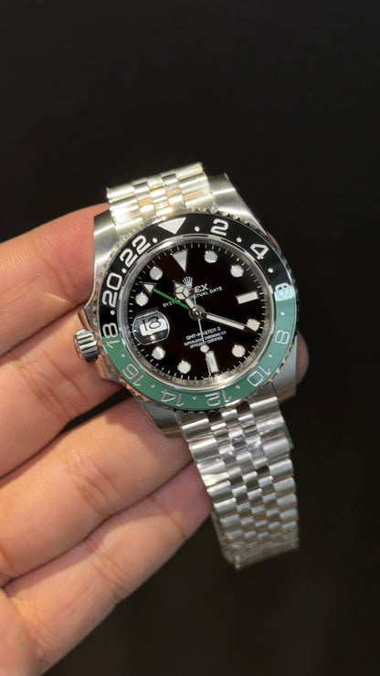 Premium GMT Sprite | Left Crown | Silver Chain | Black Dial