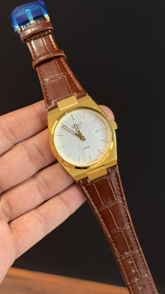 Tissot Prx | Gold Case | Brown Leather Strap | White Dial