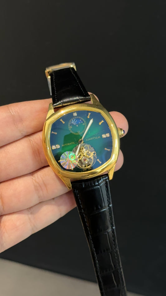 Cartier | Gold Square Bezel | Pendulum | Moonphase | Black Strap | Shady Green Blue Dial