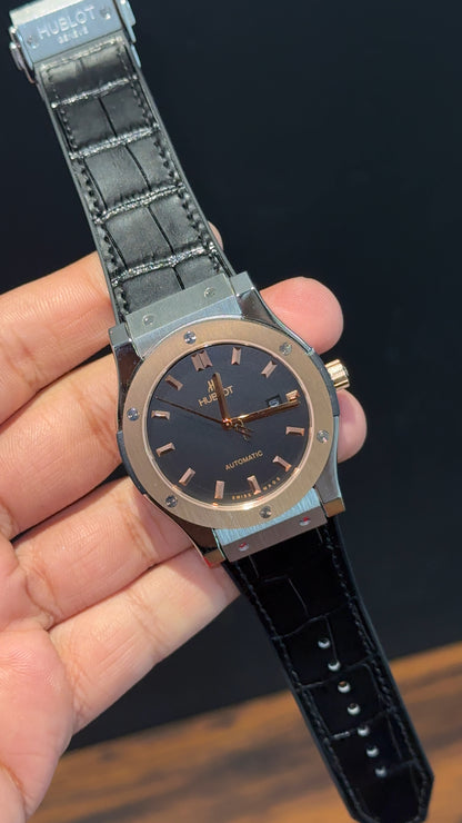Hublot Auto | Rose Silver  Case | Black Leather Strap | Black Dial