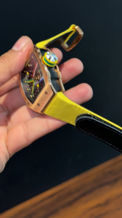 Premium Richard Mille | RM 67-02 Series  | Rose Case | Skeleton | Yellow Strap | Black Dial