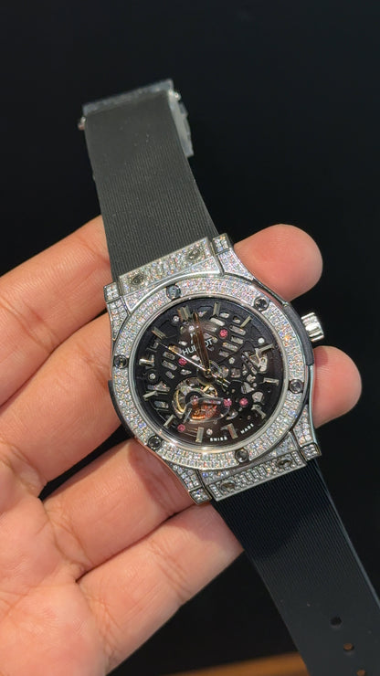 Hublot Auto | Diamond Case | Black Strap | Skeleton | Black Dial