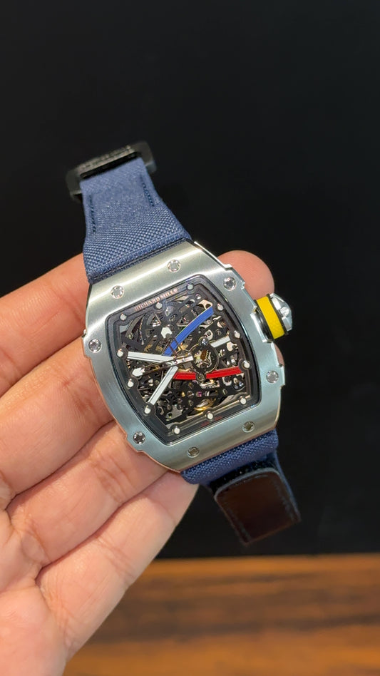 Premium Richard Mille | Silver | RM 67-02 Edition | Blue Strap | Skeleton | Black Dial