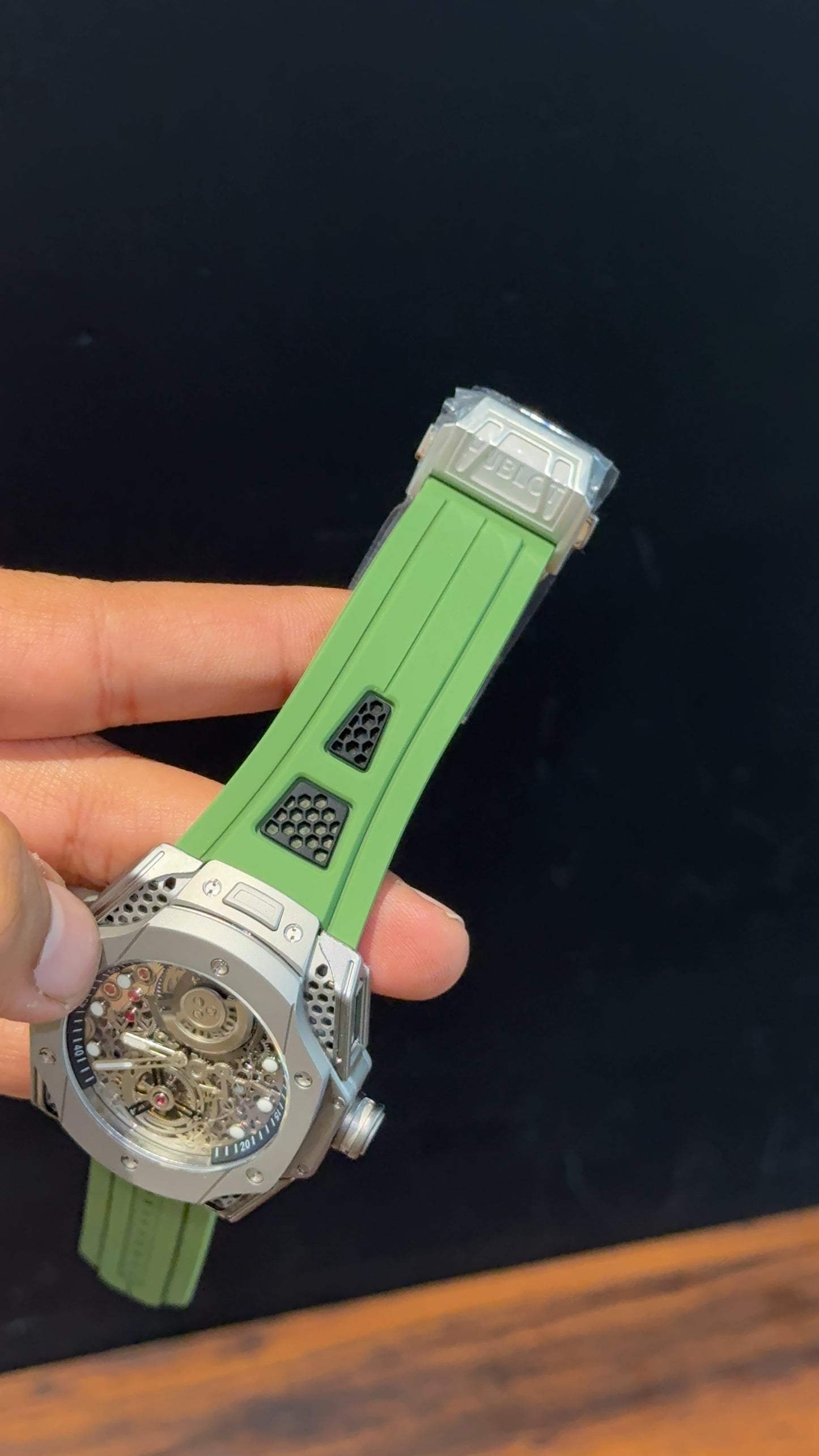 Premium Hublot | Big Bang Tourbillon Edition | Green Strap | Silver Skeletonized Dial
