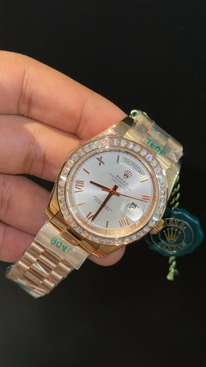 DayDate | Diamond Bezel | Rose Chain | White Dial