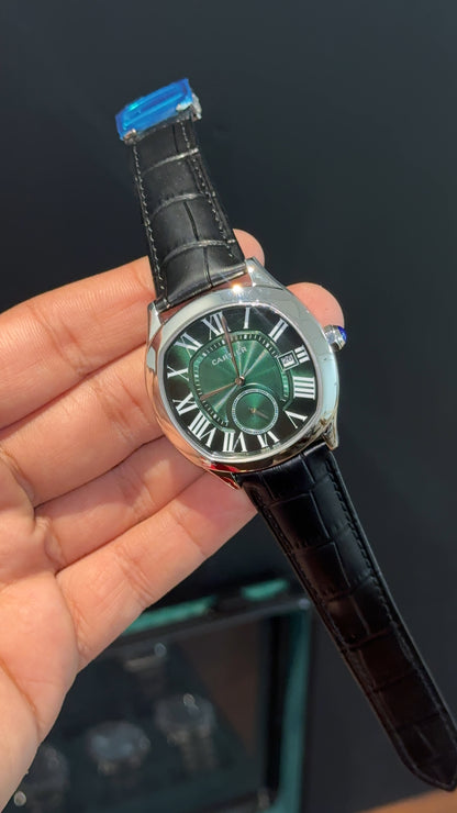 Cartier Silver | Black Leather Strap | FlyBack Second | Green Roman Dial