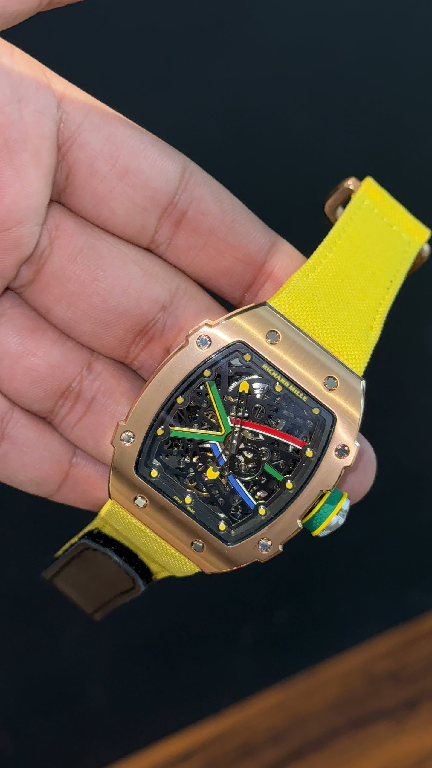 Premium Richard Mille | RM 67-02 Series  | Rose Case | Skeleton | Yellow Strap | Black Dial