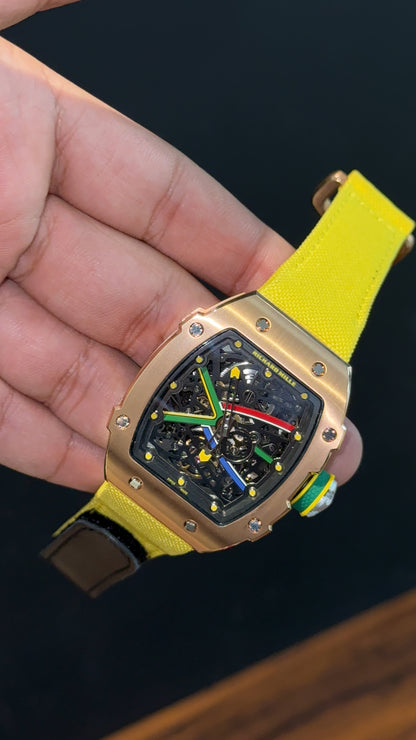 Premium Richard Mille | RM 67-02 Series  | Rose Case | Skeleton | Yellow Strap | Black Dial
