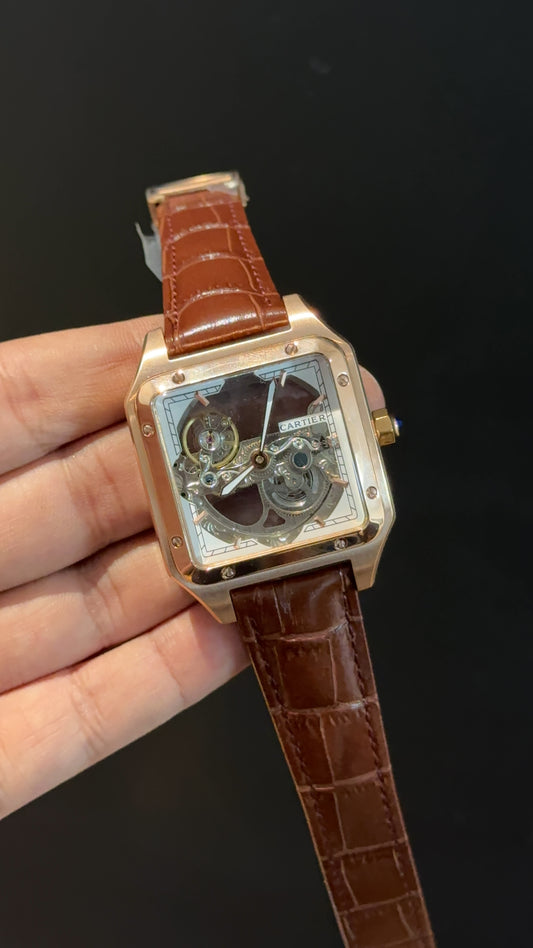 Cartier | Rose | Skeleton | Square Shape Case | Brown Leather Strap | White Dial