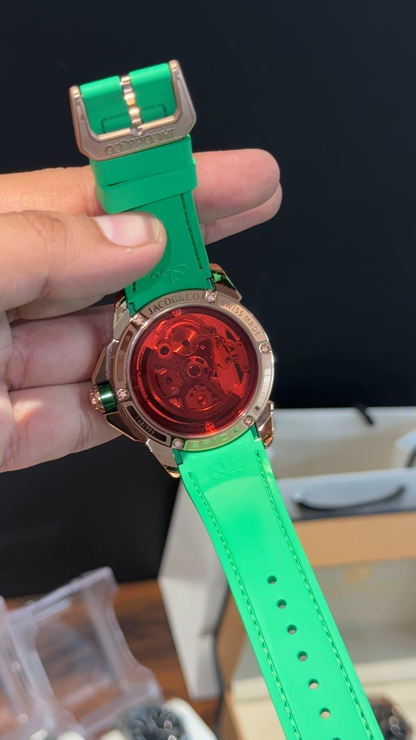 Executive Jacob and Co | Rose Bezel |  | Black Strap With Green Accent | Mens Mechanical Epic Edition