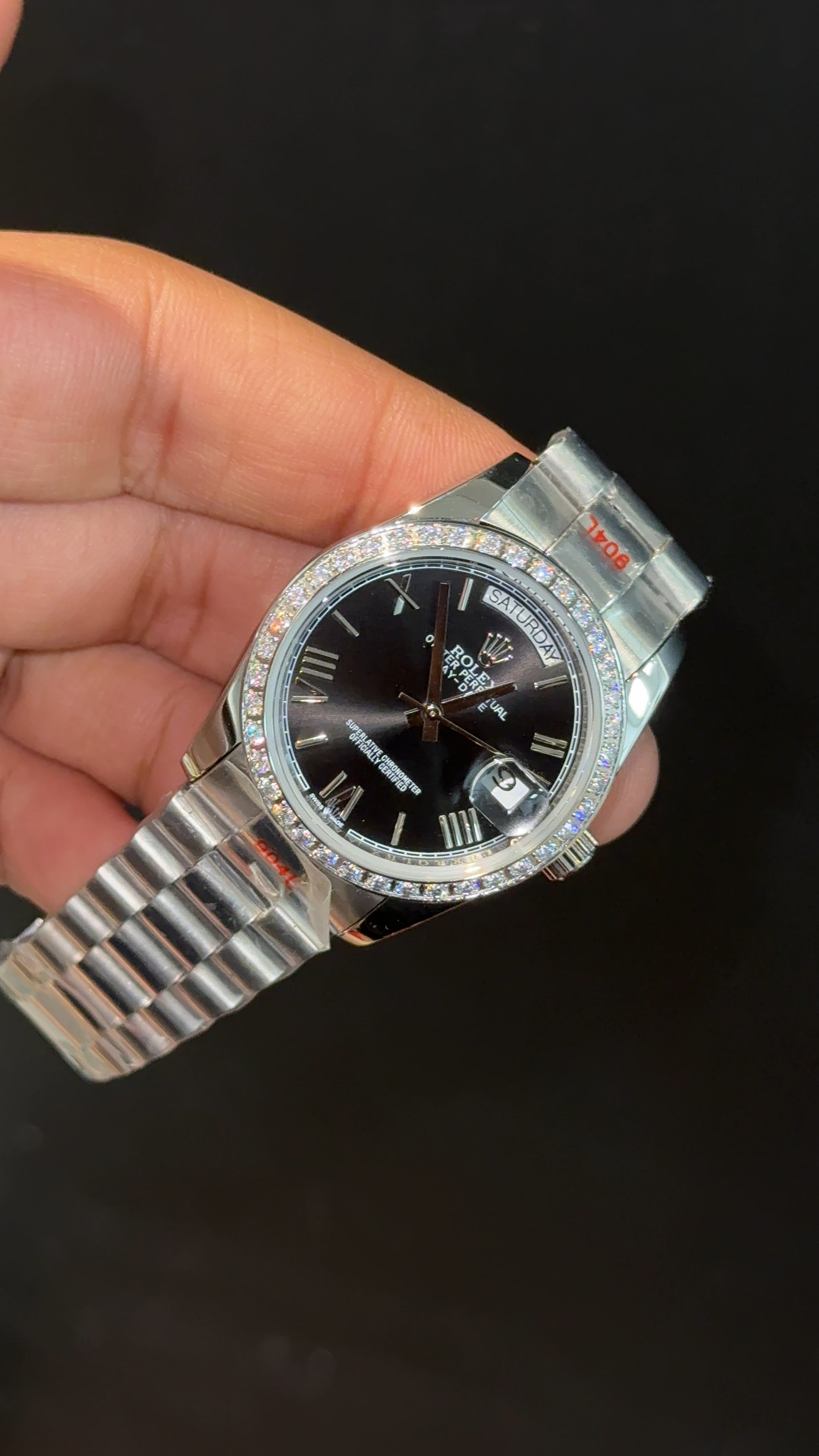 Daydate | 36mm | Silver Chain | Diamond Case | Black Index Dial - twentyfour