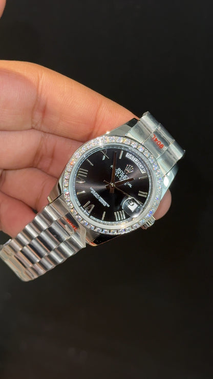 Daydate | 36mm | Silver Chain | Diamond Case | Black Index Dial - twentyfour