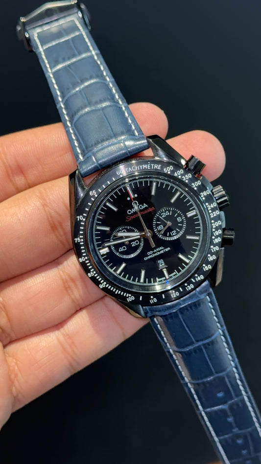 Omega Speedmaster | Blue Leather Strap | Chrono | Black Dial - twentyfour