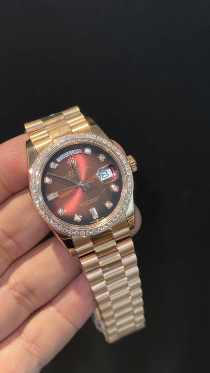 Premium Daydate | Diamond Bezel  | 36mm | Rose Chain | Gradient Brownish Dial