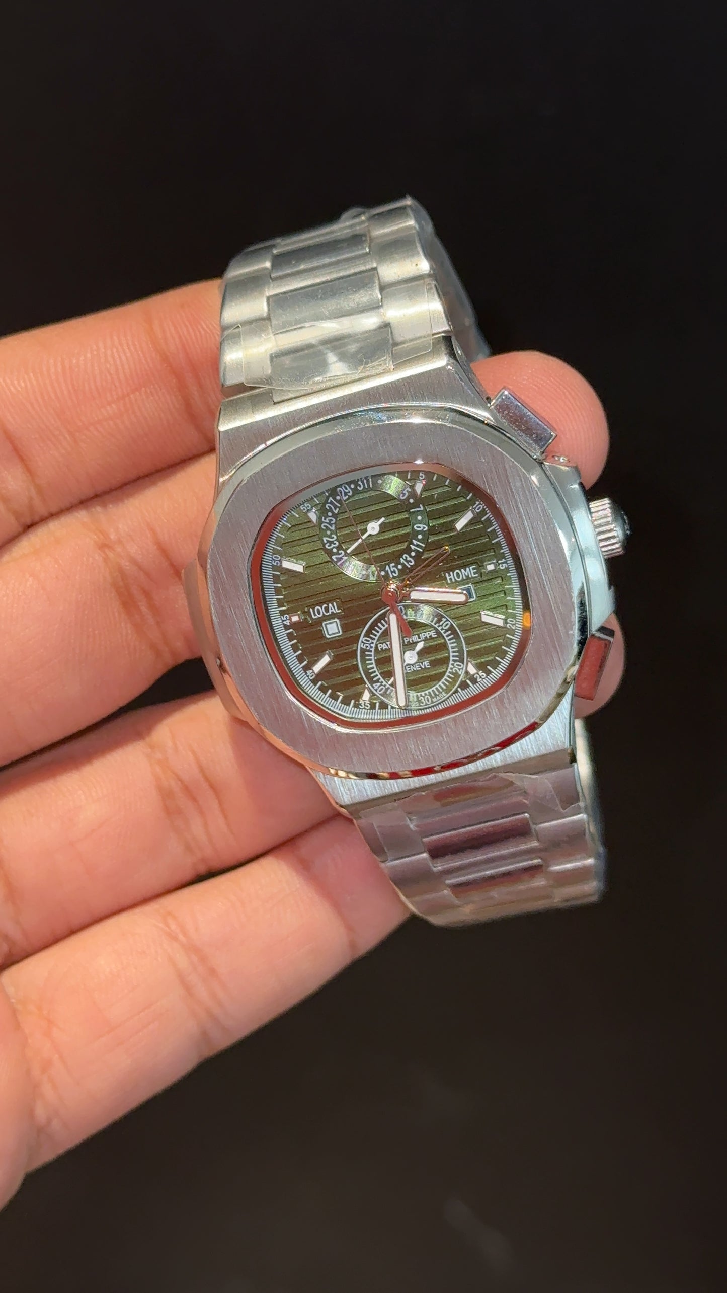PP Auto | Silver Chain | Dual Time Edition | Olive Green Dial