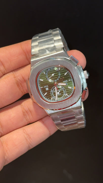 PP Auto | Silver Chain | Dual Time Edition | Olive Green Dial