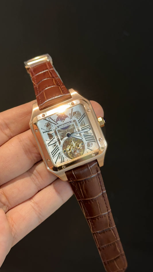 Cartier | Rose | Skeleton | MoonPhase | Square Shape Case | Brown Leather Strap | White Index Dial