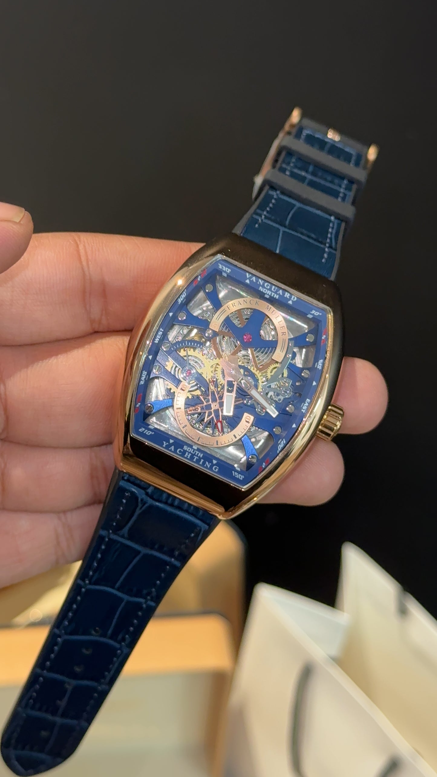 Premium Franck Muller | Vanguard S6 Edition | Yachting Skeleton | Rose Case | Blue Strap | Blue Dial