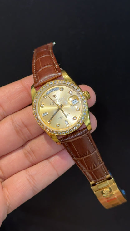Daydate | 36mm | Gold Diamond Case | Brown Leather Strap | Gold Diamond Dial - twentyfour