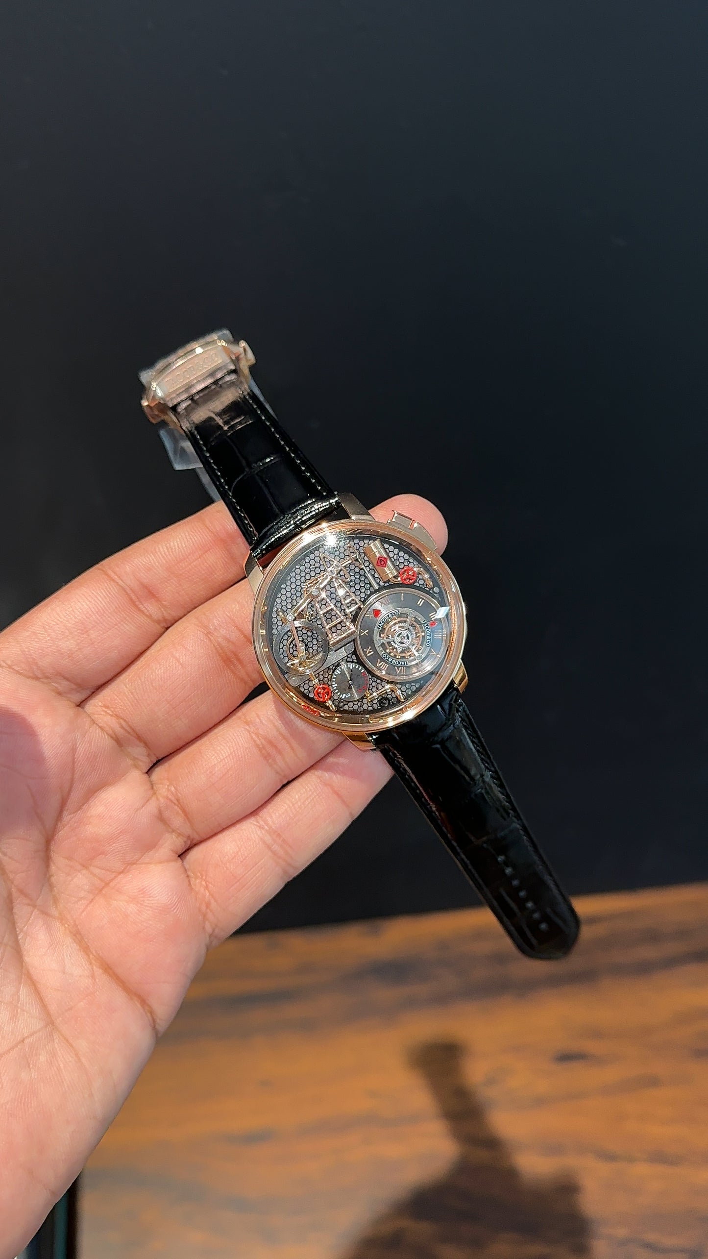 Executive Jacob And Co | Rose Case | Oil Pump Edition | Black Leather Strap | Black Dial