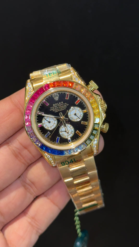 Daytona | Rainbow Diamond Bezel | Gold Chain | White Chrono | Black Dial