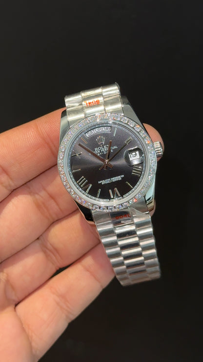 Daydate | 36mm | Silver Chain | Diamond Case | Black Index Dial - twentyfour