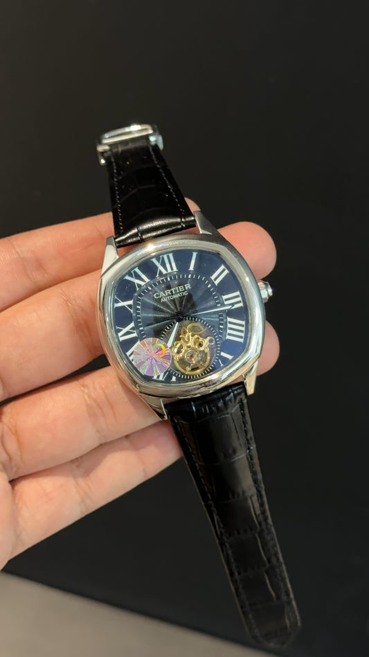 Cartier | Silver Square Bezel | Pendulum | Black Strap | Black Index Dial
