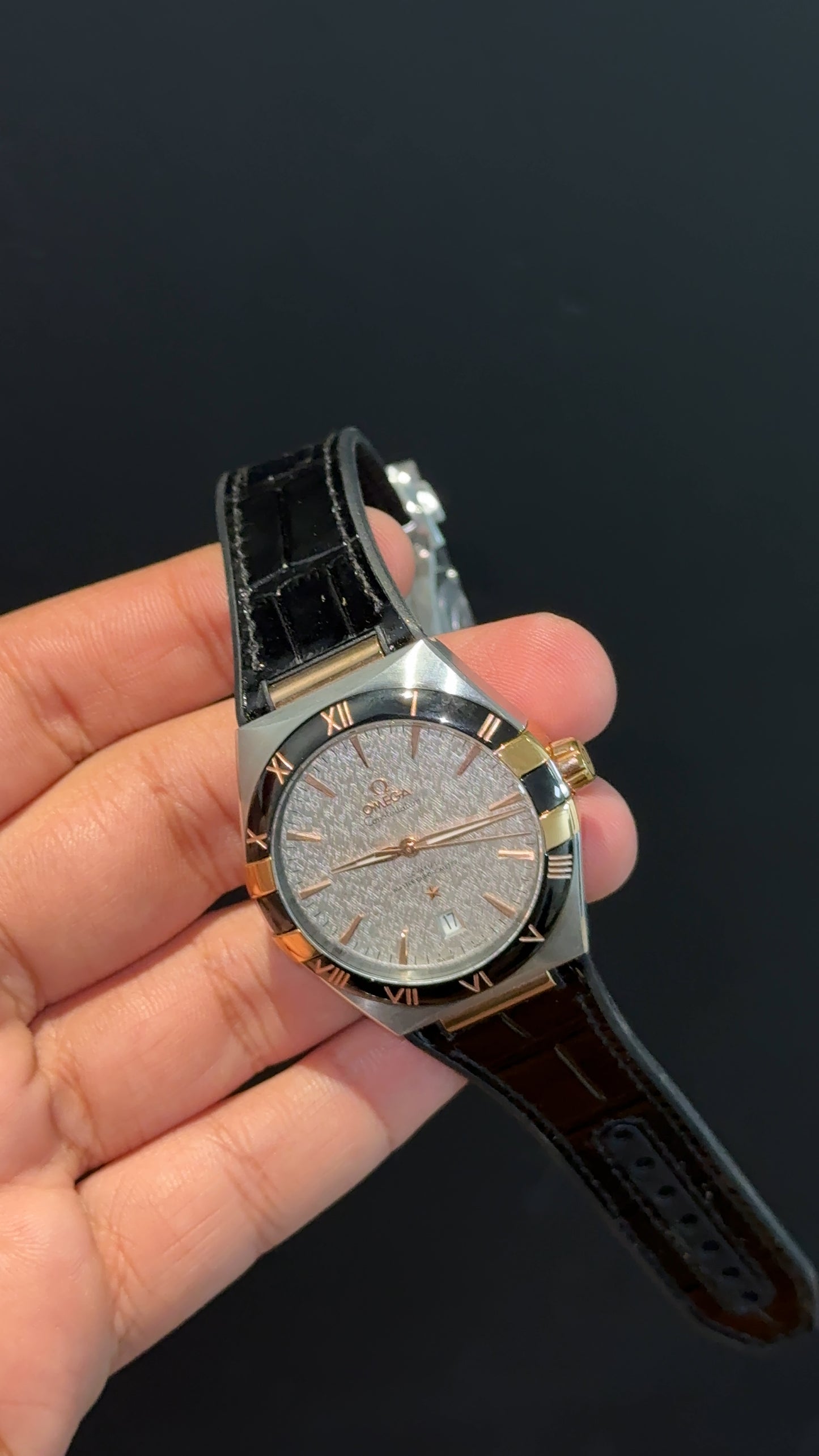 Omega Constellation | Silver Black Case | Black Strap | Grey Textured Dial