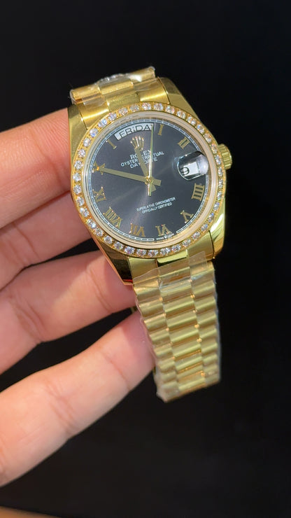 Daydate | 36mm | Gold Chain | Diamond Case | Black Index Dial - twentyfour