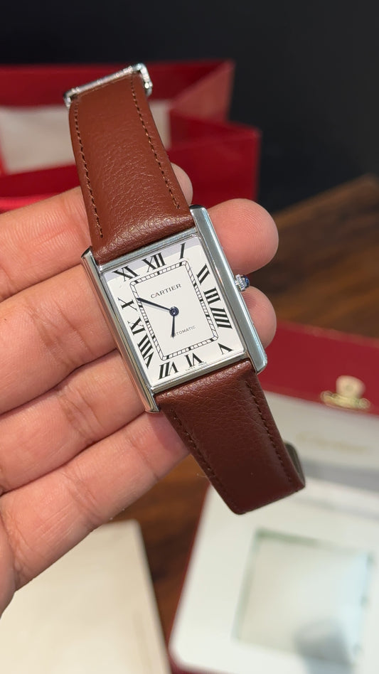 Cartier tank | Silver Case | Brown Strap | White Dial