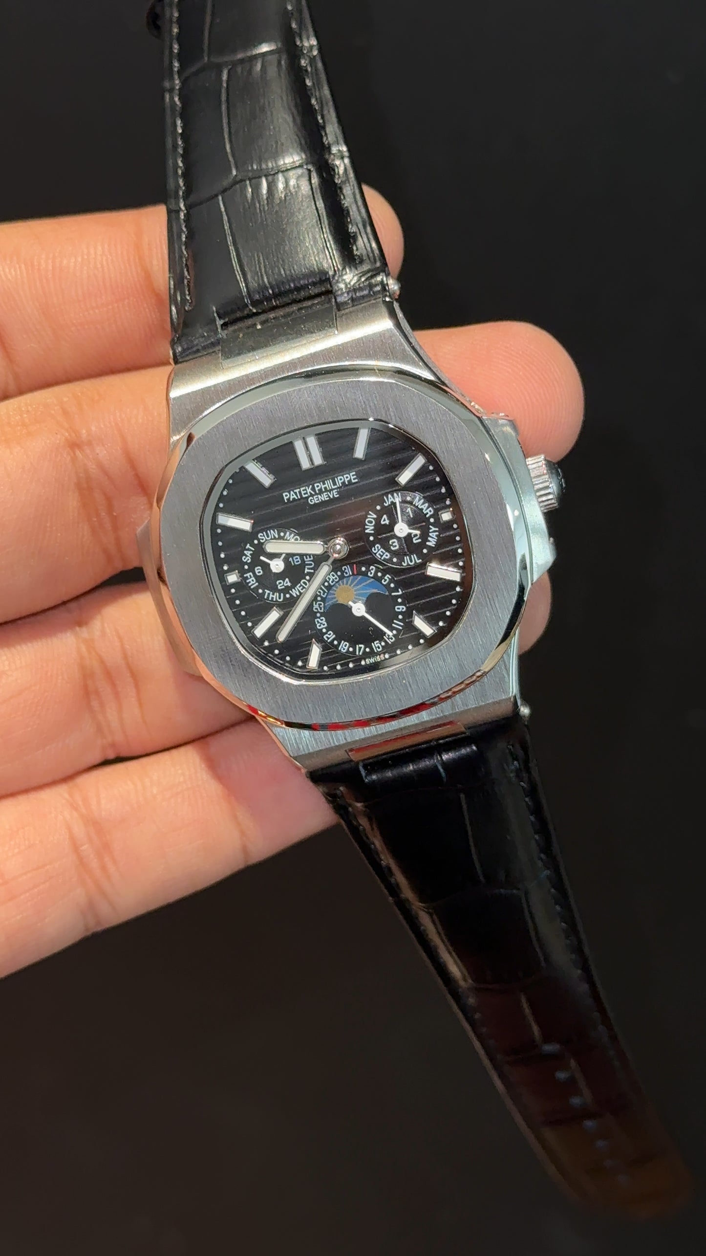 Pp Auto | Moonphase | Chrono | Silver Case | Black Leather Strap | Black Dial