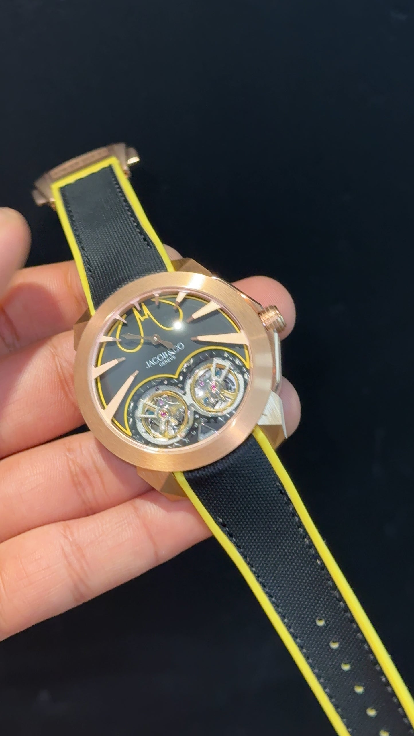 Executive Jacob And Co | Rose Case | Gotham City Edition | Black Yellow Strap | Black Dial