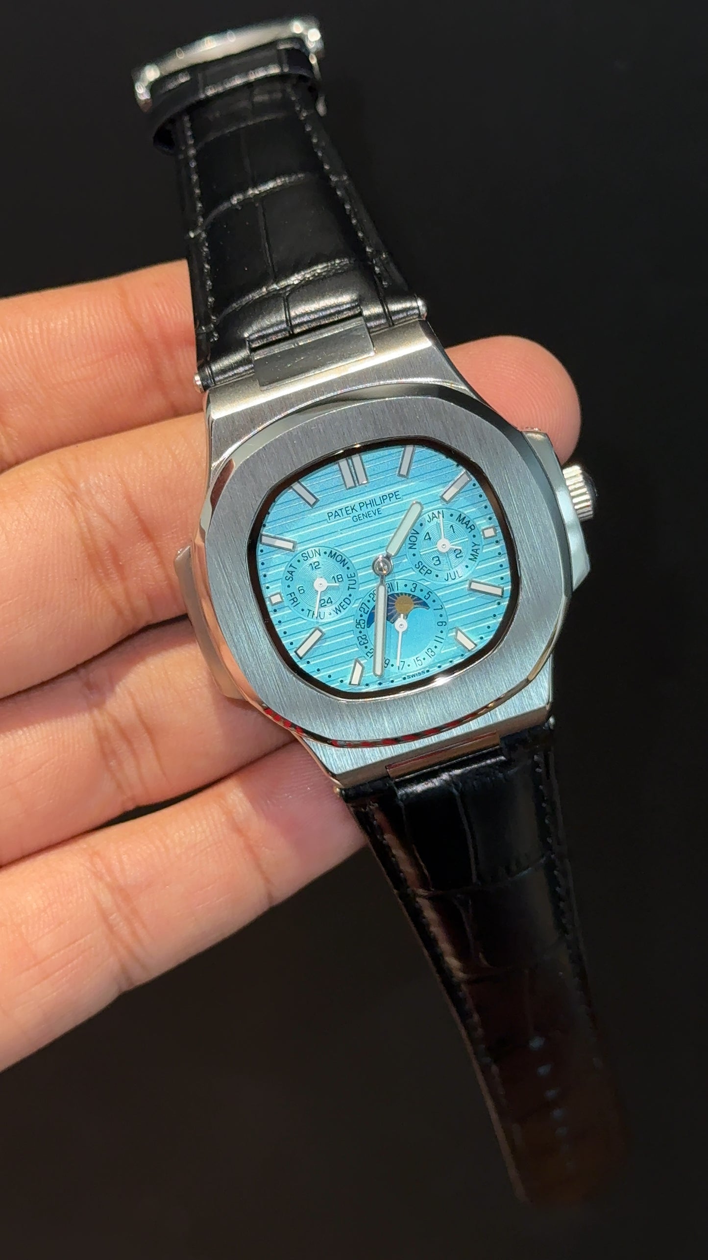 Pp Auto | Moonphase | Chrono | Silver Case | Black Leather Strap | Tiffany Dial