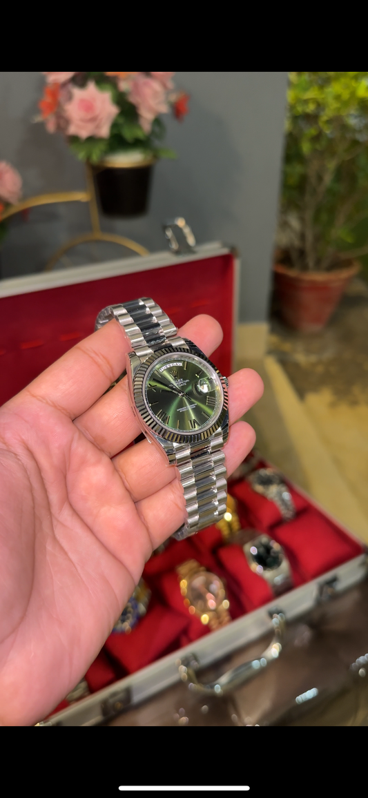 Premium Daydate  | Silver Chain | Olive Green Dial