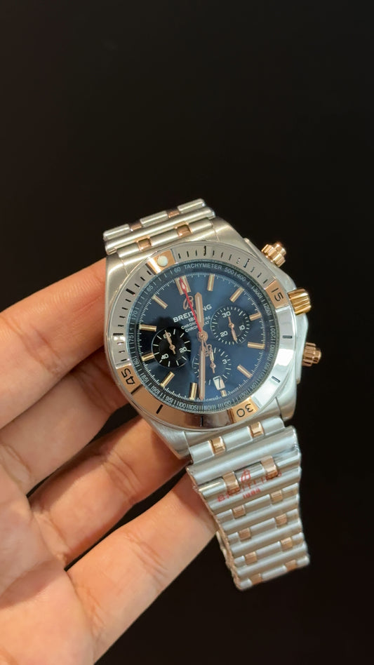 Brietling | Rose Two Tone Chronomat | Black Chrono | Blue  Dial