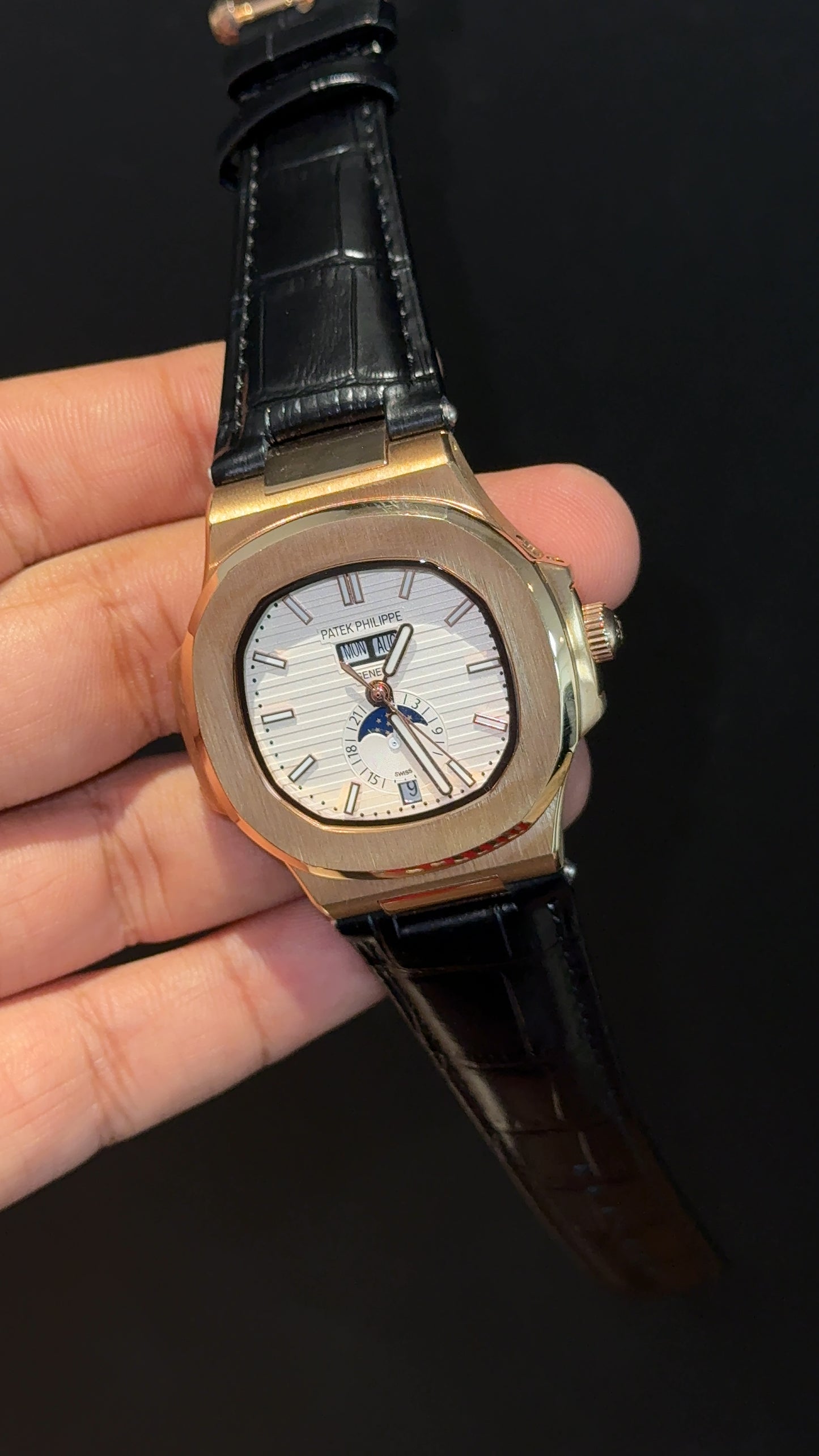 Pp Auto | Moonphase | Yearly Edition | Rose Case | Black Leather Strap | White Dial