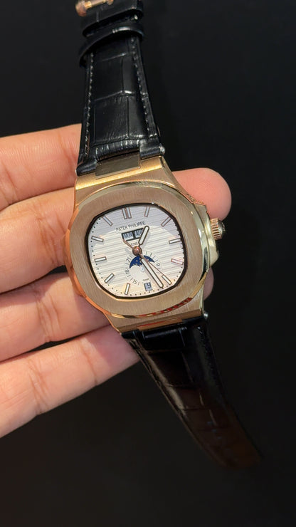 Pp Auto | Moonphase | Yearly Edition | Rose Case | Black Leather Strap | White Dial