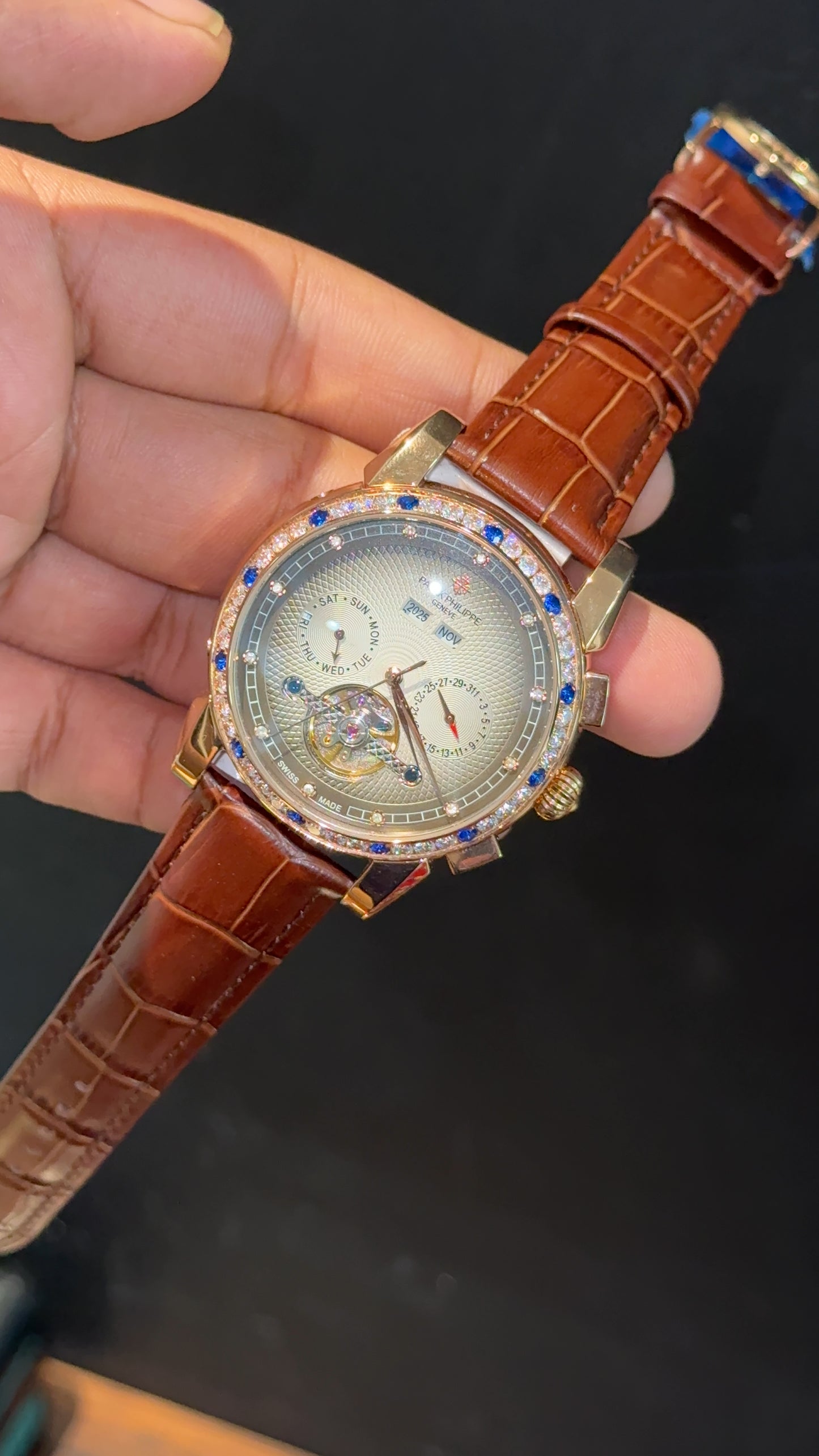 Patek Century | Auto | Rose Diamond Case | Pendulum | Gradient Grey Dial | Brown Leather Strap - twentyfour