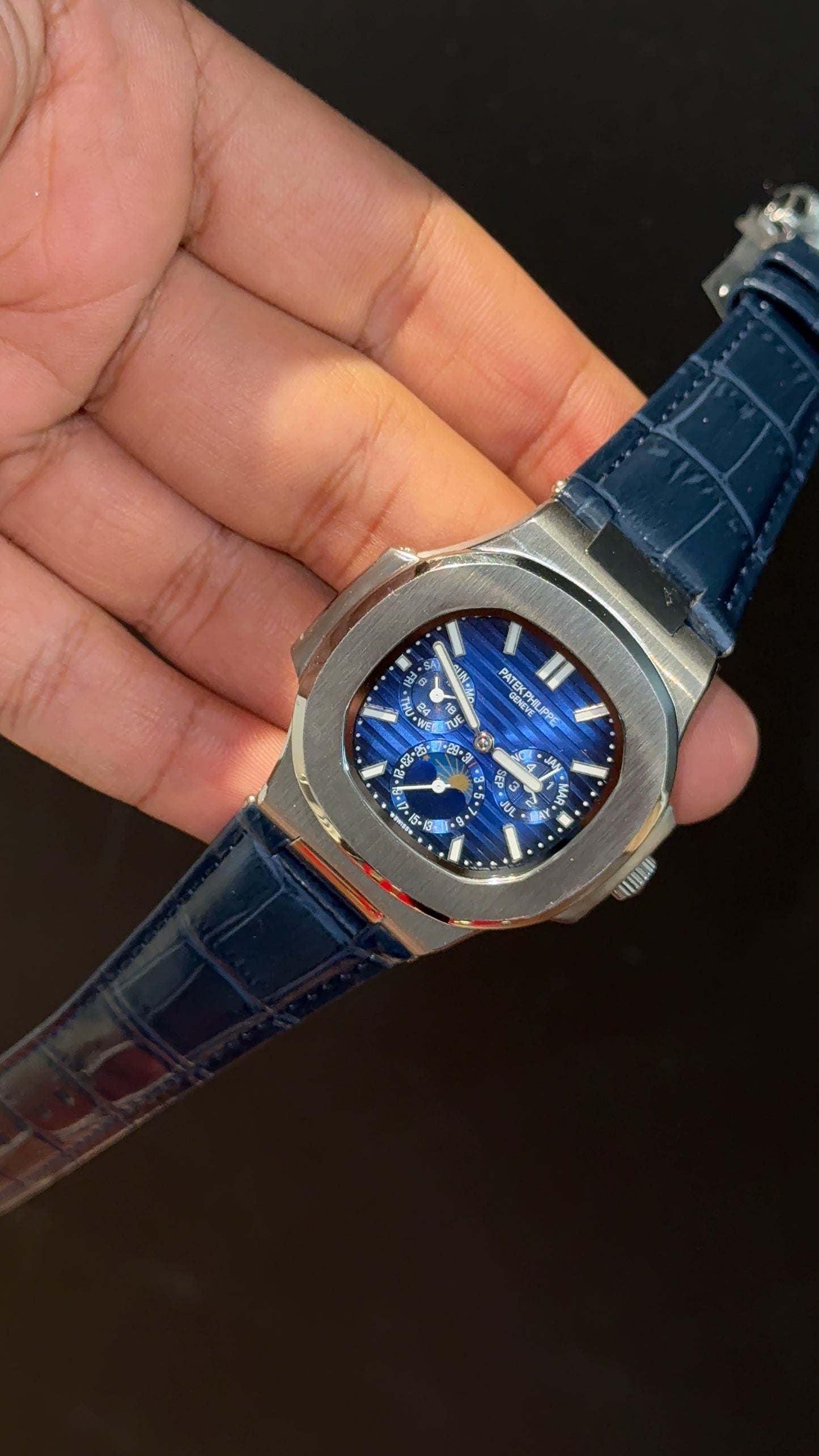 Pp Auto | Moonphase | Chrono | Silver Case | Blue Leather Strap | Purplish Dial